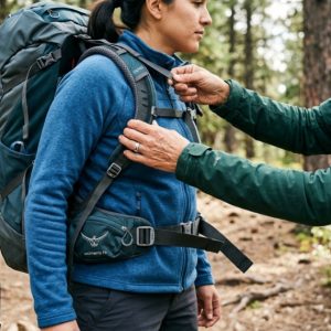 Close-up of hands adjusting the hip belt on a women's camping backpack.