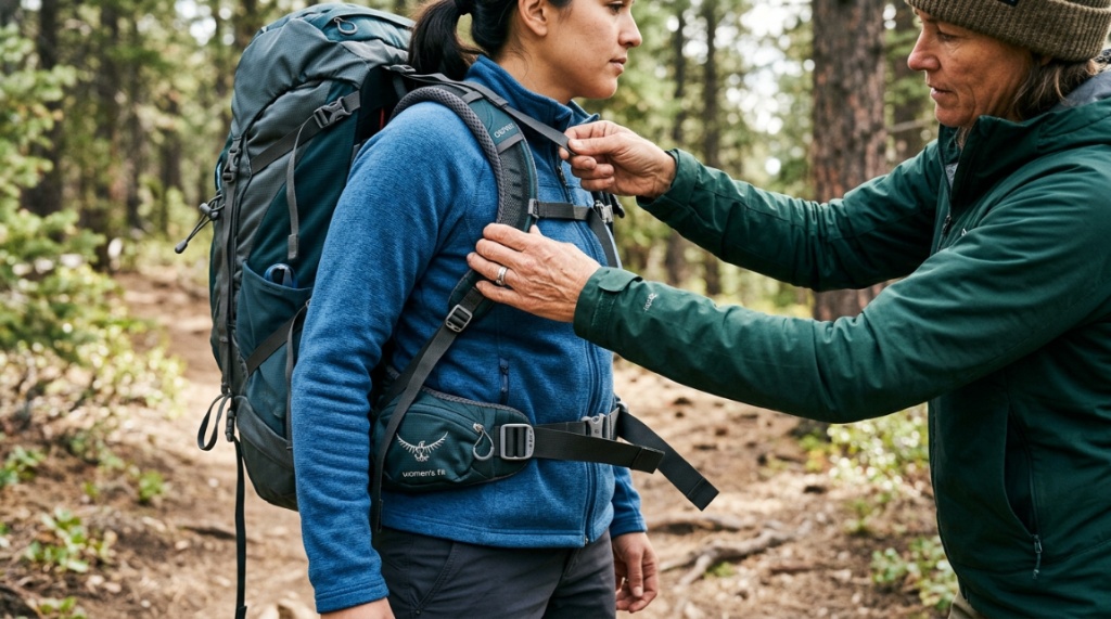 Close-up of hands adjusting the hip belt on a women's camping backpack.