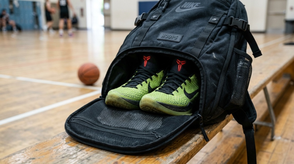 Open ventilated bottom compartment of a basketball backpack holding sneakers.