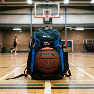 Basketball backpack with a basketball in its front mesh pocket on a gym court.