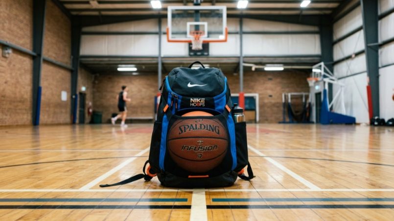 Basketball backpack with a basketball in its front mesh pocket on a gym court.