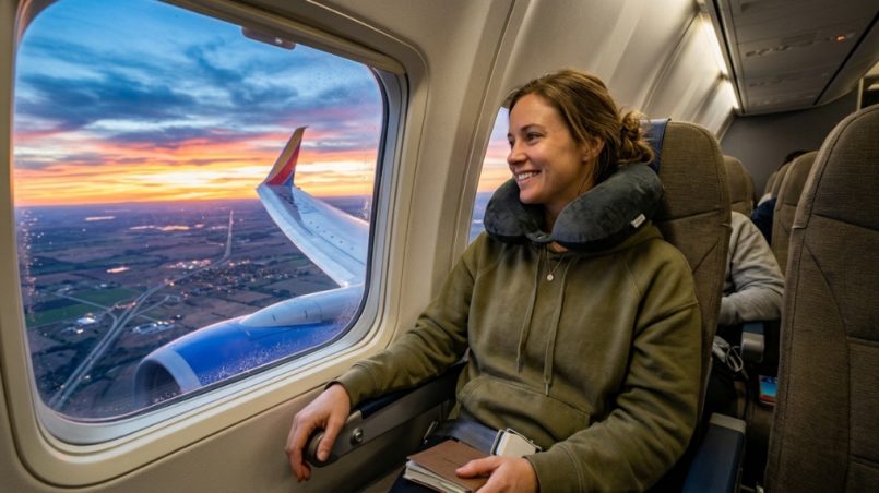Person packing a rollable travel pillow into a carry-on backpack.