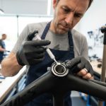 A male mechanic applies white ceramic grease to bicycle bearings in a workshop.