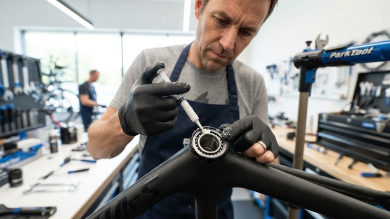 A male mechanic applies white ceramic grease to bicycle bearings in a workshop.