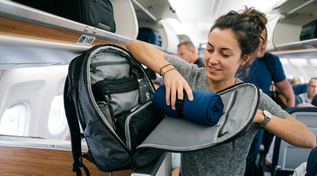 Smiling woman wearing a breathable cooling neck pillow on a flight.