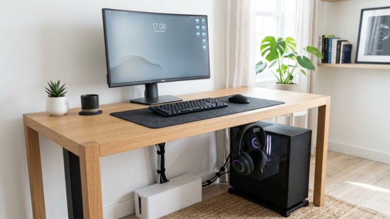Sleek wireless headphones hanging securely from a minimalist metal hook under a clean wooden desk.