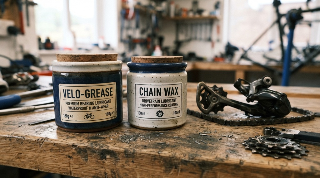 Two tubs of ceramic bike grease sit next to clean bicycle gears.