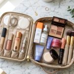 Open protective travel makeup bag organized with cosmetics on a marble counter.