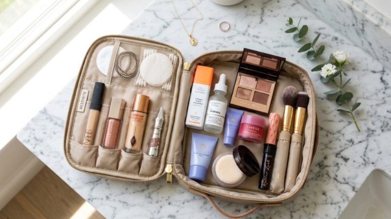 Open protective travel makeup bag organized with cosmetics on a marble counter.