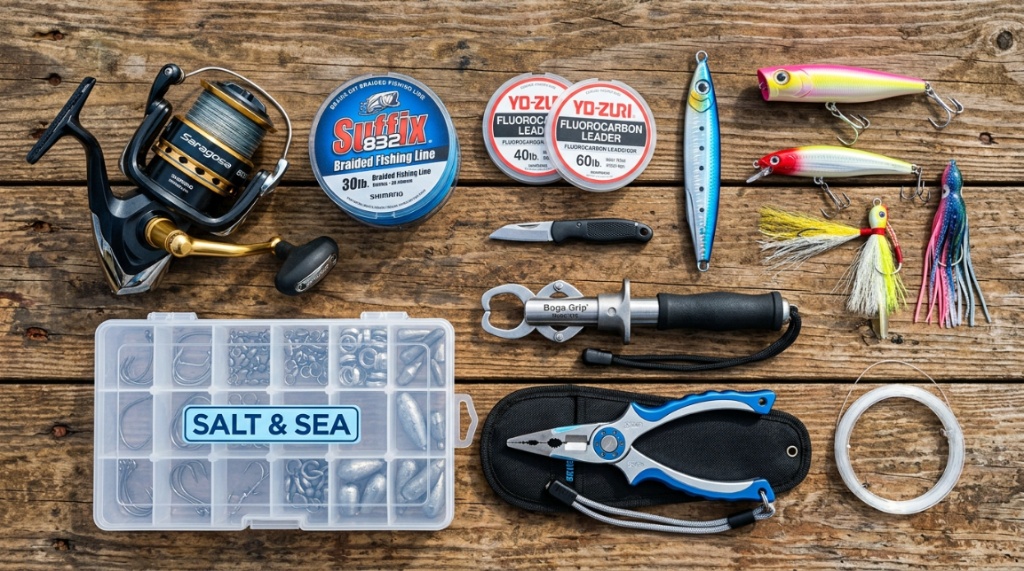 Angler preparing fishing tackle box on a sunny ocean beach.