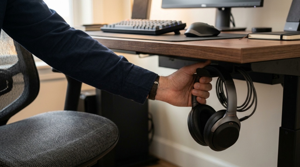 Hand reaching under a clean office desk to grab headphones hanging from a sturdy mount.