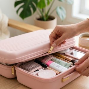 Hands zipping a durable hardshell travel makeup case filled with essentials.
