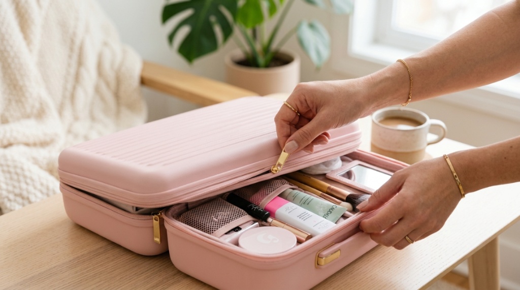 Hands zipping a durable hardshell travel makeup case filled with essentials.