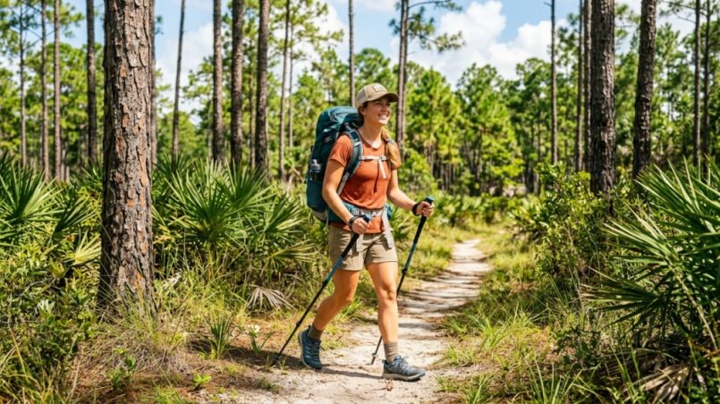 Woman hiking a Florida trail wearing a fitted camping backpack.