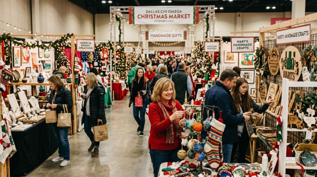 Shoppers browsing handmade gifts and decorations at the Dallas Chi Omega Christmas Market