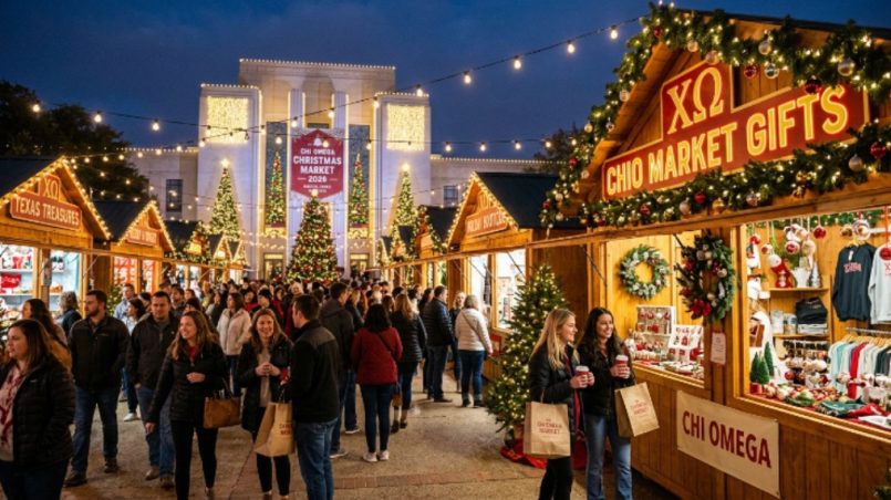 Festive holiday market booths at the Chi Omega Christmas Market 2026 in Dallas, Texas
