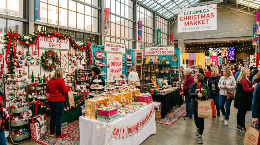 Colorful vendor displays at the Chi Omega Christmas Market held at Dallas Market Center