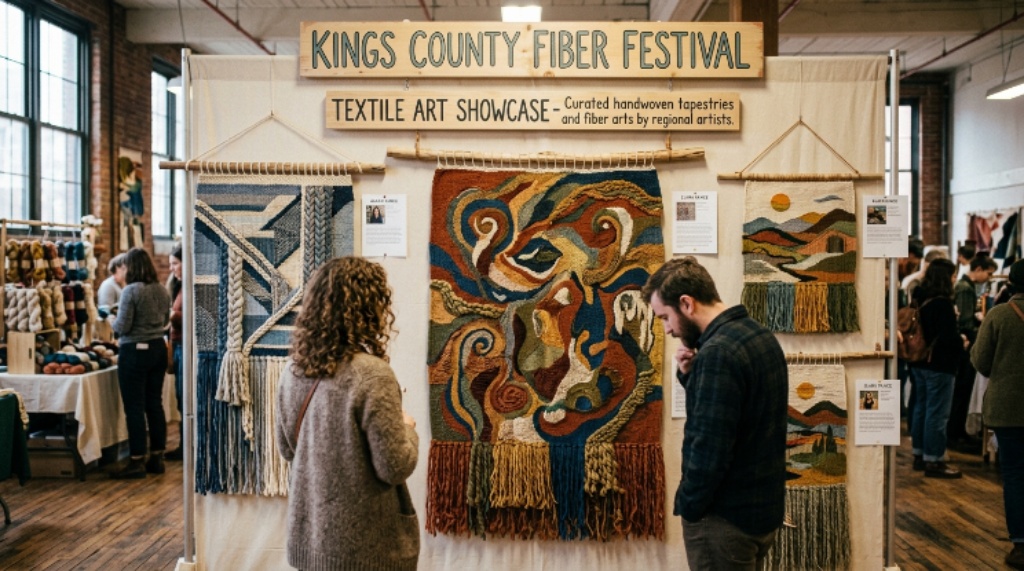 Handwoven tapestries and textile art on display at the Kings County Fiber Festival showcase