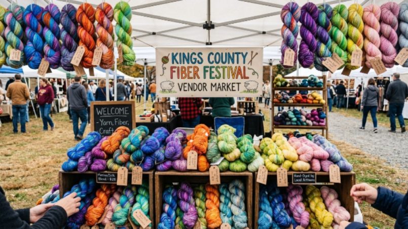 Colorful hand-dyed yarn skeins displayed at the Kings County Fiber Festival vendor market