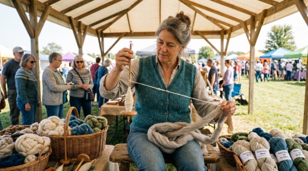 A spinner demonstrating drop spindle technique at an outdoor fiber arts festival pavilion