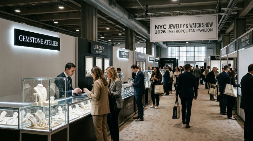 Visitors browsing fine jewelry booths at the Metropolitan Pavilion during the NYC Jewelry and Watch Show 2026