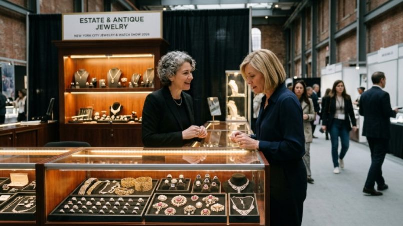 Elegant display of antique and estate jewelry at the New York City Jewelry and Watch Show 2026 at Metropolitan Pavilion, Chelsea