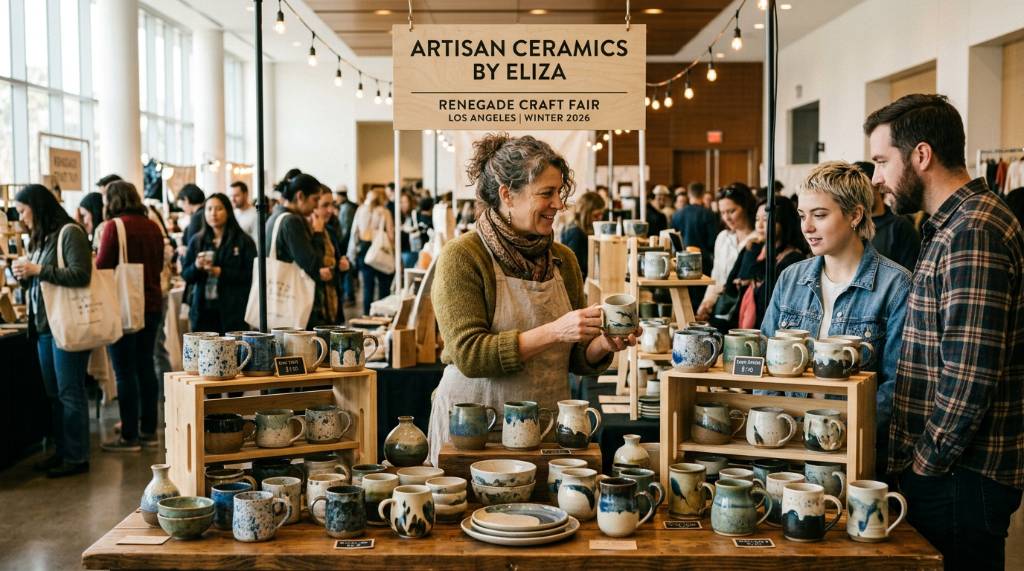Artisan displaying handcrafted ceramic mugs and pottery at the Renegade Craft Fair Los Angeles Winter 2026
