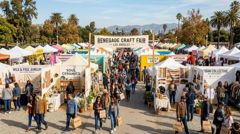 Outdoor rows of handmade craft vendor booths at the Renegade Craft Fair in Los Angeles on a sunny November day