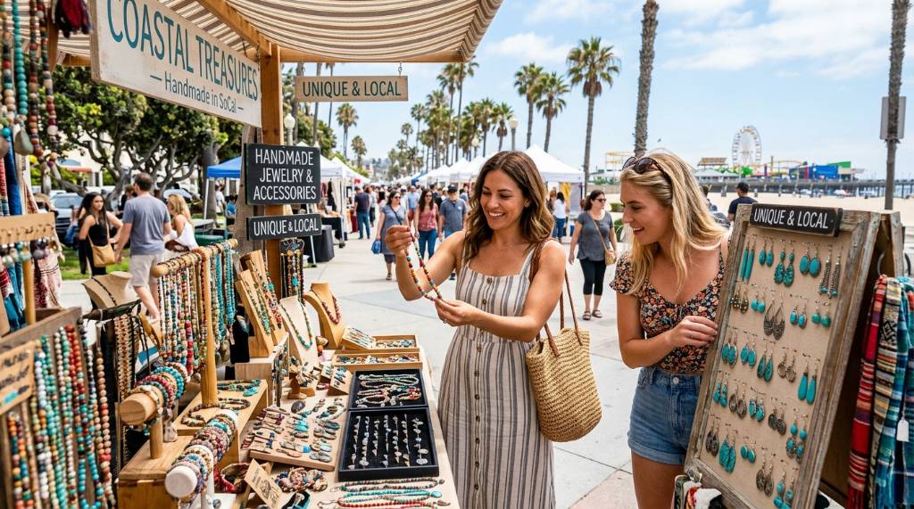 Visitors browsing colorful handmade jewelry and accessories at an outdoor craft fair in Santa Monica California