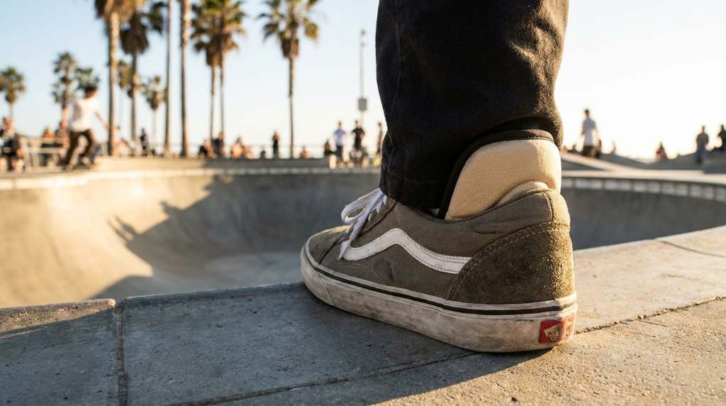 Skateboarder practicing controlled landing technique at a park