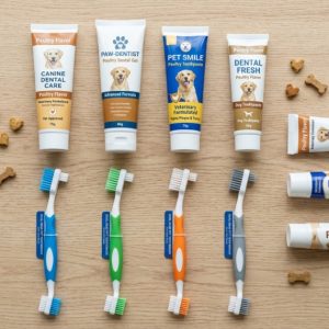 Top-rated veterinary-approved dog toothpaste tubes and a toothbrush on a clean wooden table.