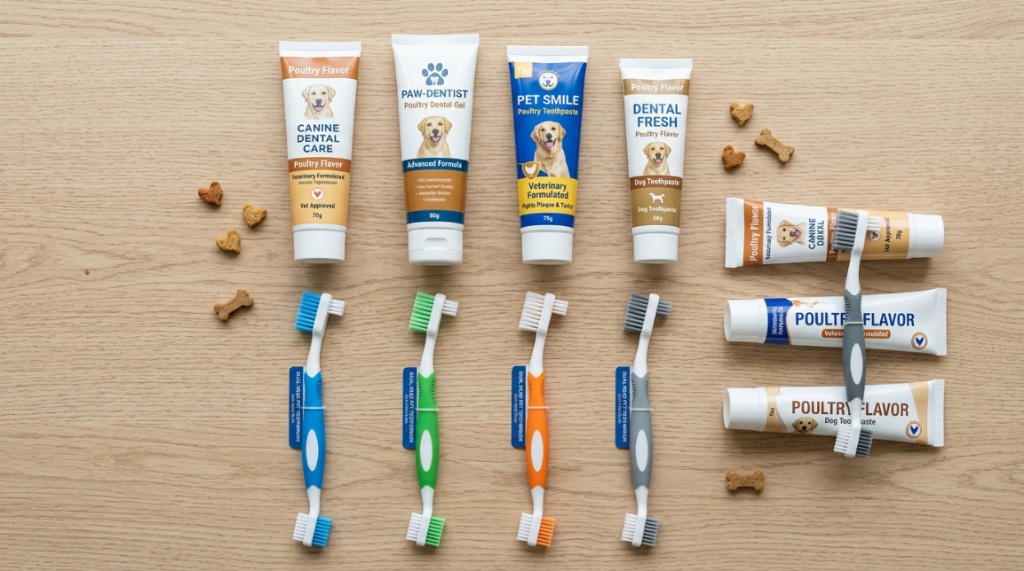 Top-rated veterinary-approved dog toothpaste tubes and a toothbrush on a clean wooden table.