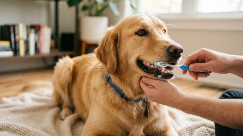 Golden Retriever sitting calmly while owner gently brushes its teeth with pet toothpaste.